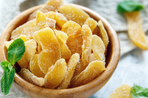 Slices of candied ginger closeup.