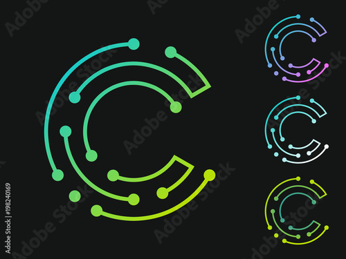 Letter C electronic digital logo icon design template isolated on black background. Vector modern logotype illustration set in tender colors for your company design