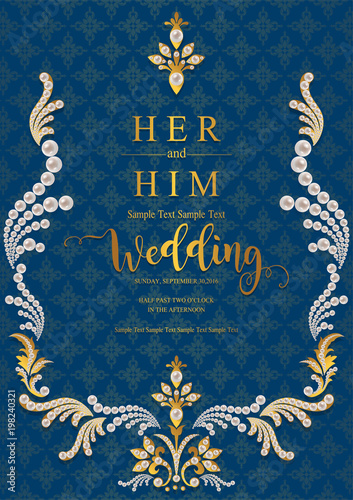 Indian wedding Invitation card templates with gold patterned and pearl on paper color Background.