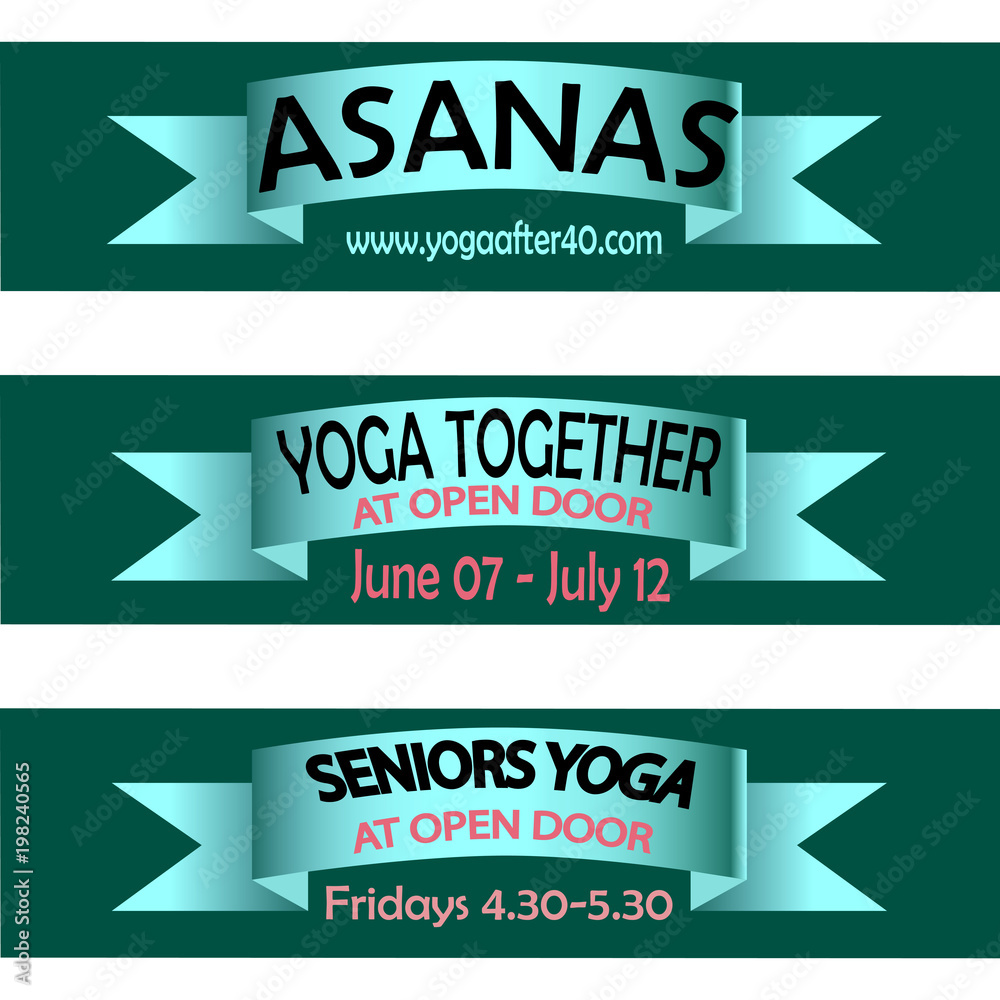 Obraz premium Ribbons whith words about yoga asanas, classes at open doors, seniors welness