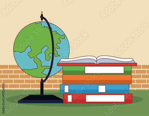 Books and earth globe cartoon vector illustration graphic design