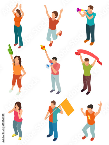Set of fans supporting a football team isometric isolated on white. Sports fans characters vector illustration