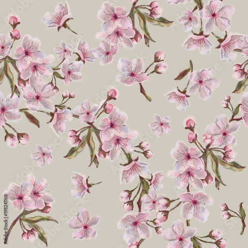 Sakura Pink Wreath Seamless Pattern on Tan Background.