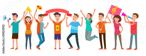 Group of football fans rejoice at the success of their team. Women and men support sportsman, vector illustration