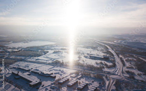 Aerial winter view of Kiruna  the northernmost town in Sweden  province of Lapland  winter sunny picture shot from drone