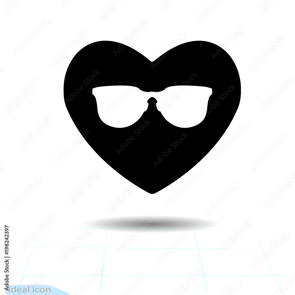 Heart vector black icon, Love symbol. The silhouette Sunglasses in heart. Valentines day sign, emblem, Flat style for graphic and web design, logo