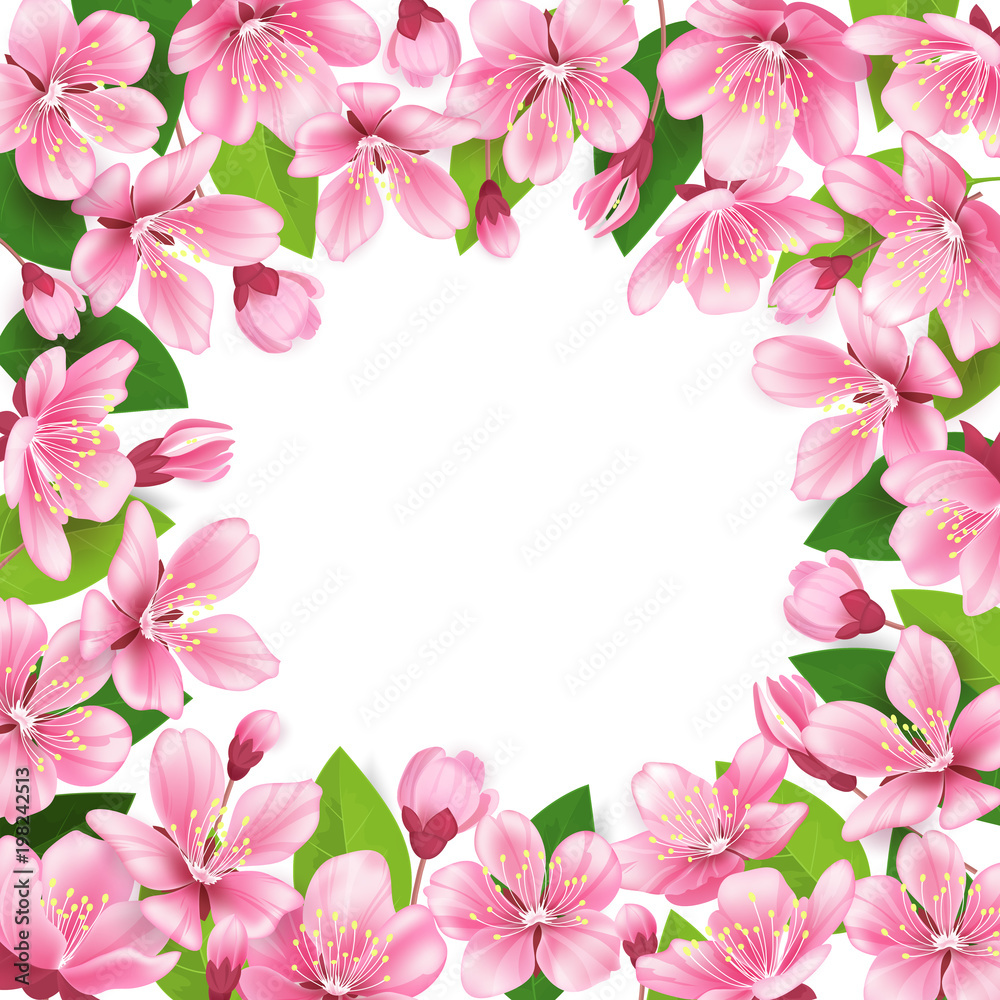 Cherry blossom background. Pink spring flowers frame. Cartoon style vector illustration
