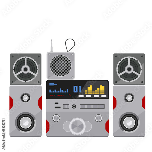 Acoustic sound system stereo flat vector music loudspeakers player subwoofer equipment technology.