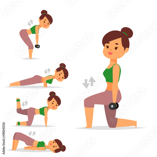 Woman home workout vector exercising at home fitness character training coaching healthy living and diet concept illustration.