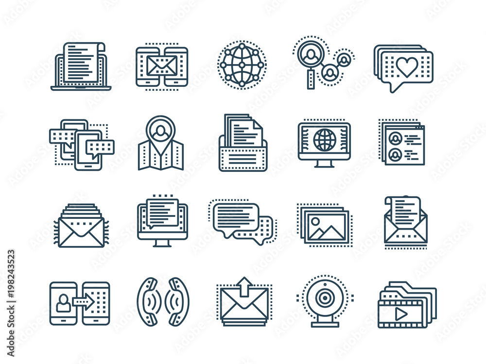 Communication. Social media. Online chatting. Phone call, app messenger. Mobile,smartphone. Computing.Email. Thin line black web icon set. Outline icons collection. Vector illustration. Communication. Social media. Online chatting. Phone call, app messenger. Mobile,smartphone. Computing.Email. Thin line black web icon set. Outline icons collection. Vector illustration.