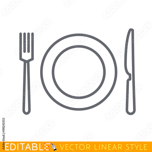 Dish, fork, knife line icon, outline vector sign, linear style pictogram isolated on white. Food symbol, logo illustration. Editable stroke. Pixel perfect vector graphics