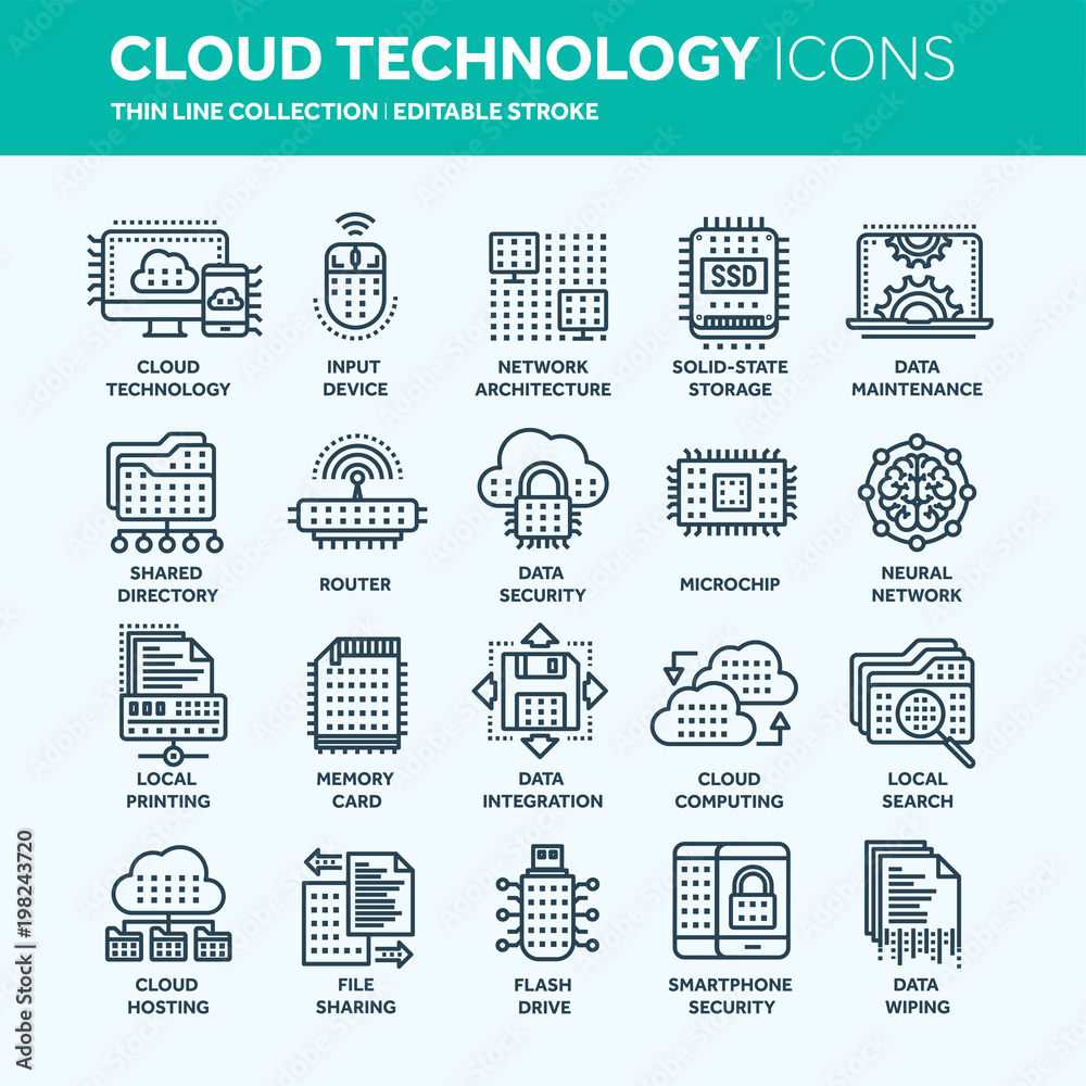 Obraz premium Cloud computing. Internet technology. Online services. Data, information security. Connection. Thin line web icon set. Outline icons collection.Vector illustration.