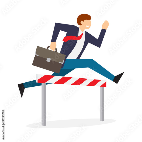 Achieving goal. Businessman jumping over hurdle