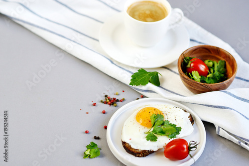 Morning Coffee White Cup Beverage Orange Juice Sandwich with Tasty Fried Egg Served on a Wooden Tray Parsley Pepper Tomato Cherry Grey Background Healthy Food Concept Vegetarian Modern Lifestyle 