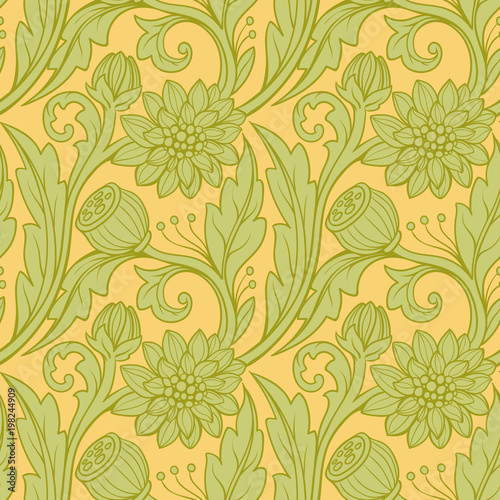 floral pattern. Green on orange background.