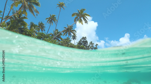 Foto HALF-HALF: Incredibly beautiful tropical beach is swept by emerald ocean waves