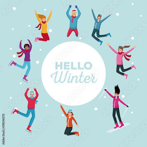 Hello winter people cartoons vector illustration graphic design