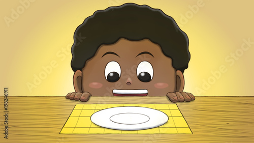Close-up illustration of a black boy staring at an empty plate on the table.