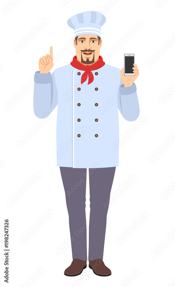 Chef with mobile phone pointing up Chef with mobile phone pointing up