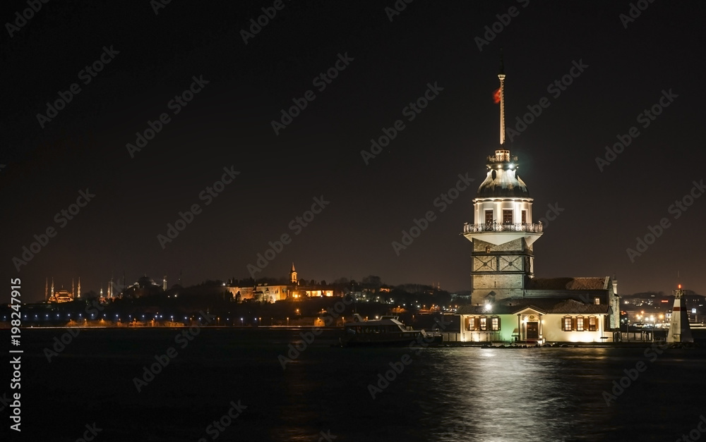 tower and lighthouse at bosphorus night in istanbul