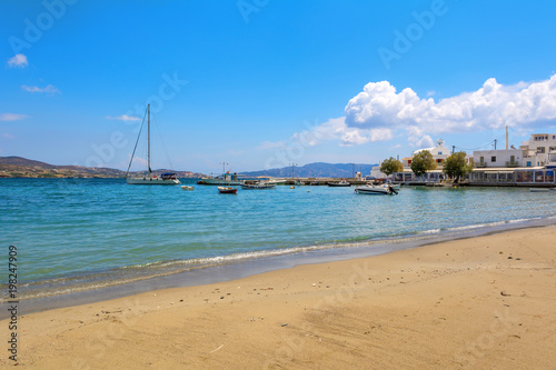 View of bay and coastline in Pollonia village. Milos island, Greece.