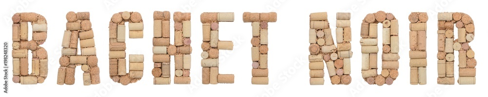 Grape variety Bachet Noir made of wine corks Isolated on white background Grape variety Bachet Noir made of wine corks Isolated on white background