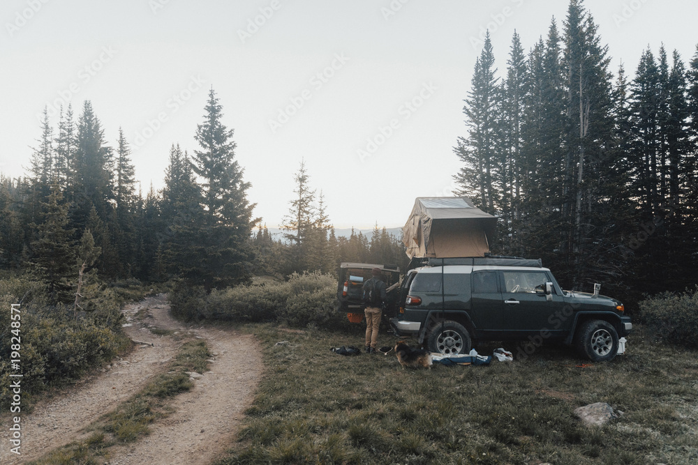 Man and dog by off-road vehicle on field against trees