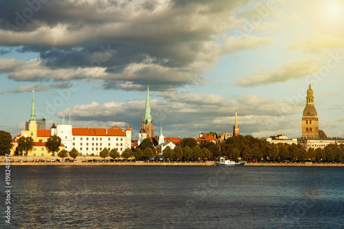 Riga Latvia. View of castle and churches over river Daugava