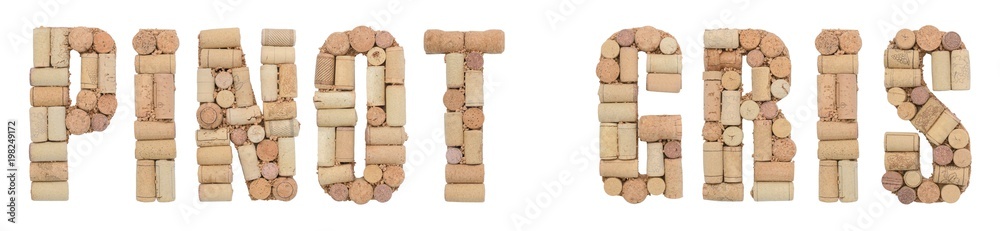 Grape variety Pinot gris made of wine corks Isolated on white background