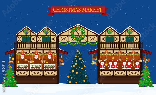 christmas fair trading stall with banner. Flat style.