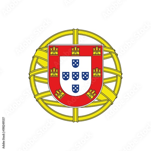 Portugal flag coat of arms, official colors and proportion correctly. National Portugal flag coat of arms. Vector illustration