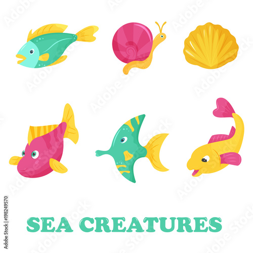 Bright set with sea fishes. Vector illustration