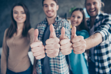 Close up portrait of four thumbs up from cheerful, joyful friends, two couples, colleagues on the blurred background in office, work place, station