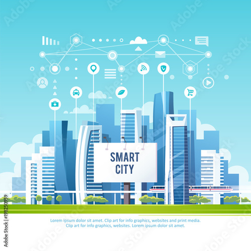 Concept of smart city with different icons and elements. Future technology for living. Urban landscape with buildings and skyscrapers. Vector illustration.