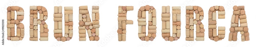 Grape variety Brun Fourca made of wine corks Isolated on white background