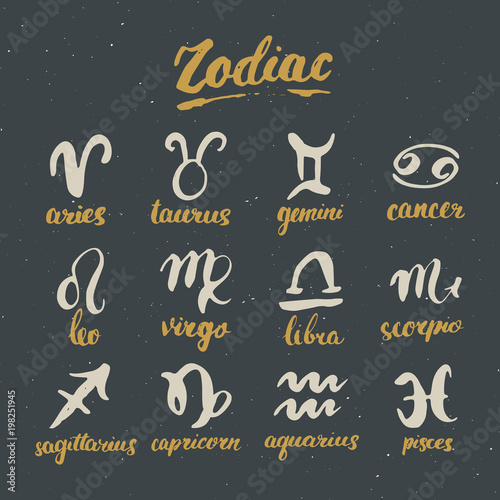 Zodiac signs set and letterings. Hand drawn horoscope astrology symbols, grunge textured design, typography print, vector illustration