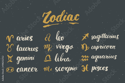Zodiac signs set and letterings. Hand drawn horoscope astrology symbols, grunge textured design, typography print, vector illustration
