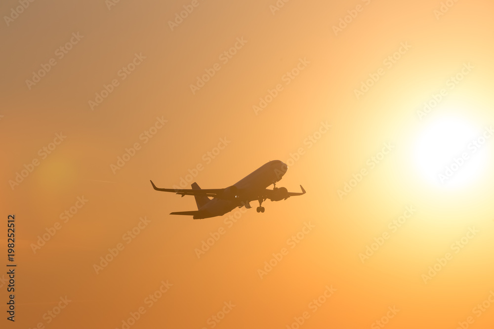 Fototapeta premium passenger airplane starting in the evening sun