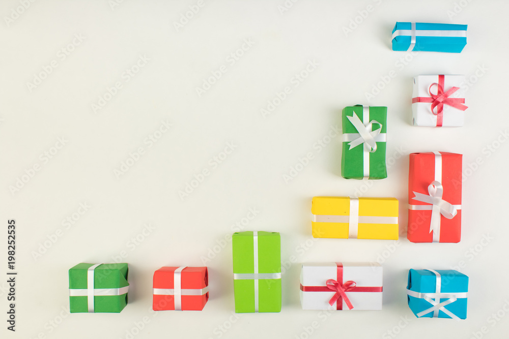 Gift boxes and colorful present for christmas on isolated white background. Top view with copy space.