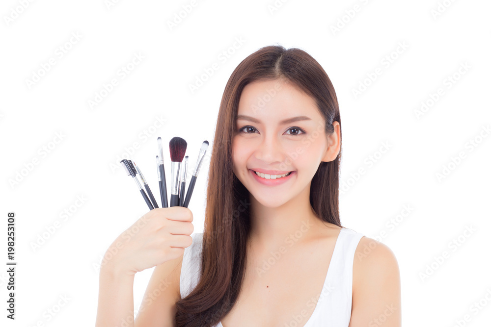 Beauty asian woman applying make up with brush on hand isolated on white background, beautiful of girl holding blusher, skincare and cosmetic concept. Beauty asian woman applying make up with brush on hand isolated on white background, beautiful of girl holding blusher, skincare and cosmetic concept.