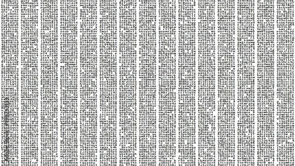 Blocks of random characters (encrypted data or source code) scrolling down on a computer screen. Slow movement, black on white.
