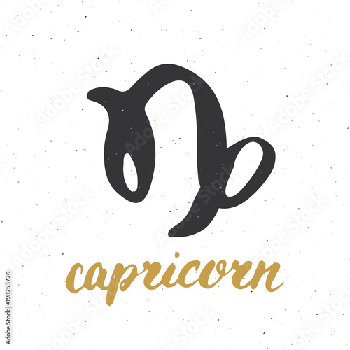 Zodiac sign Capricorn and lettering. Hand drawn horoscope astrology symbol, grunge textured design, typography print, vector illustration