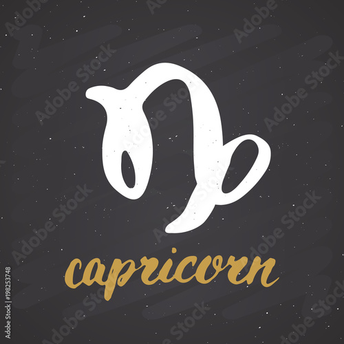 Zodiac sign Capricorn and lettering. Hand drawn horoscope astrology symbol, grunge textured design, typography print, vector illustration on chalkboard background