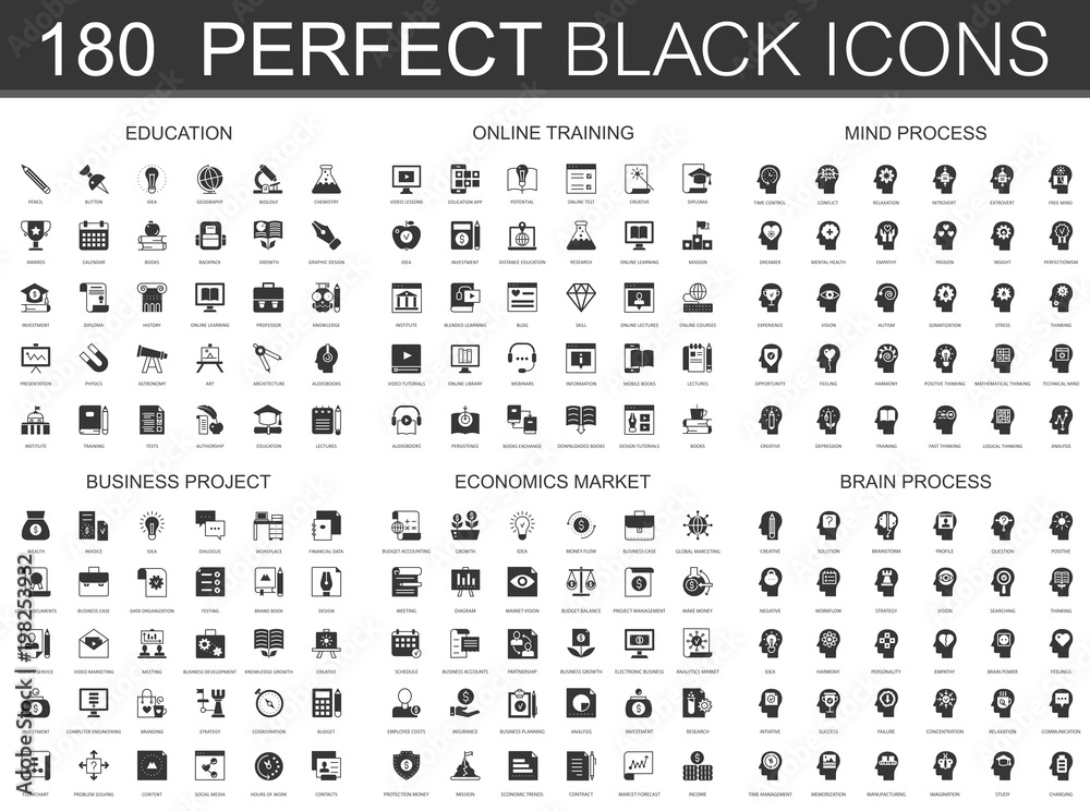 Education, online learning, brain mind process, business project, economics market black classic icon set.