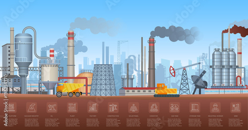 Industrial infographics with factories and plants and icons symbols charts. Vector Industry illustration.