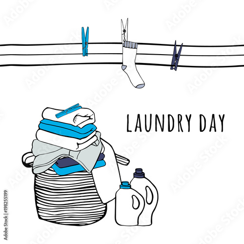 Clothesline with socks and clothespins. Folded sheets, towels and a detergent. Isolated symbols of laundry. Background for advertising, brochures, flyers. Hand drawn vector Illustration.