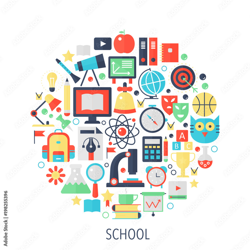 School education flat infographics icons in circle - color concept illustration for School cover, emblem, template.