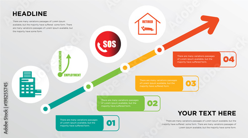 pos, unemployment, sos, reti growing horizontal presentation design template in green, red and yellow, grow up business infographics with icons