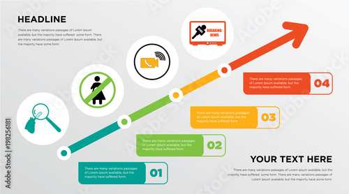 cholesterol, abortion, video call, breaking news growing horizontal presentation design template in green, red and yellow, grow up business infographics with icons