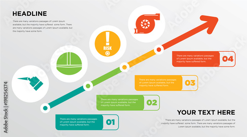 pull, hardhat, risk management, turbo growing horizontal presentation design template in green, red and yellow, grow up business infographics with icons